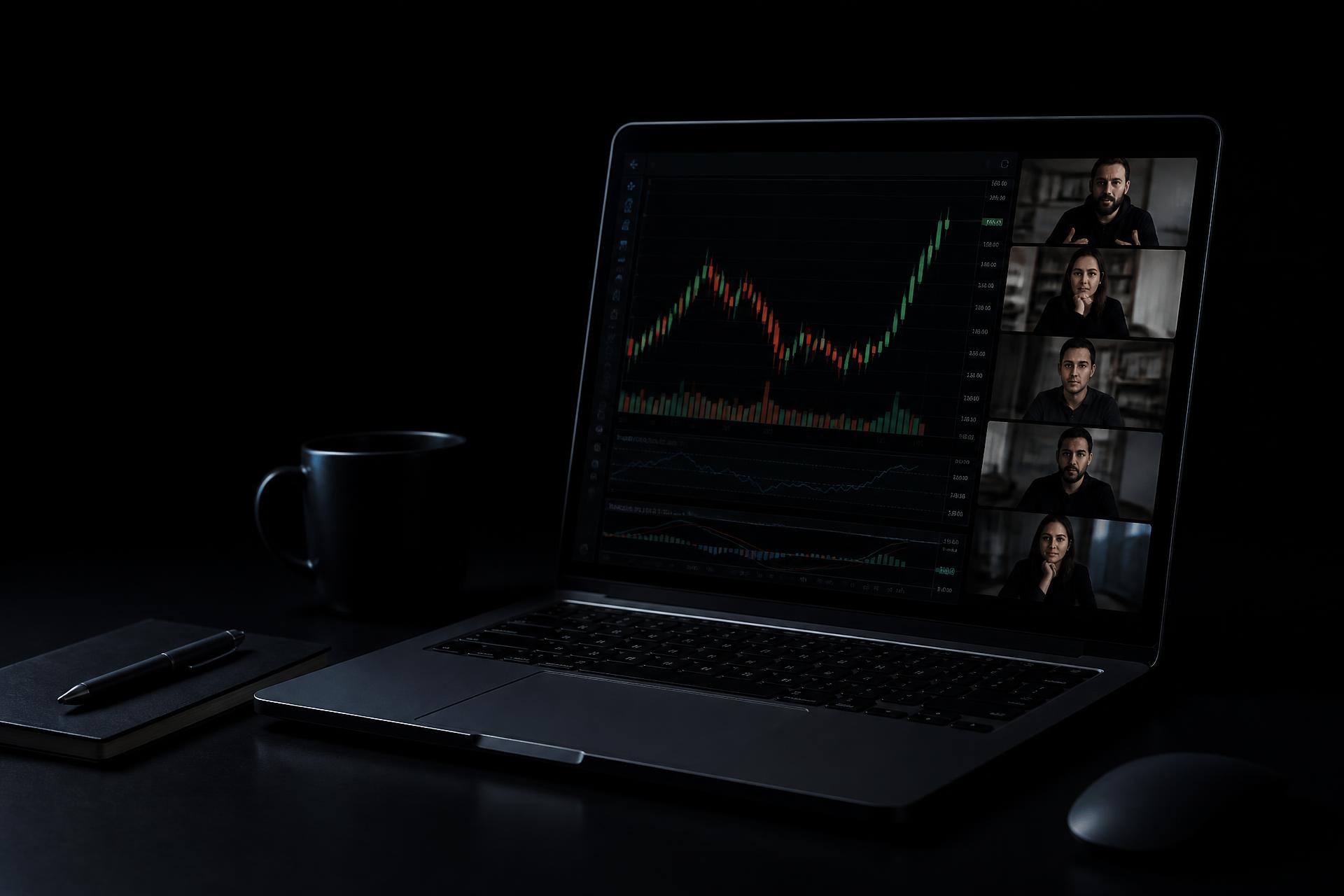Trader's desk with a live candlestick chart and a Zoom session in progress